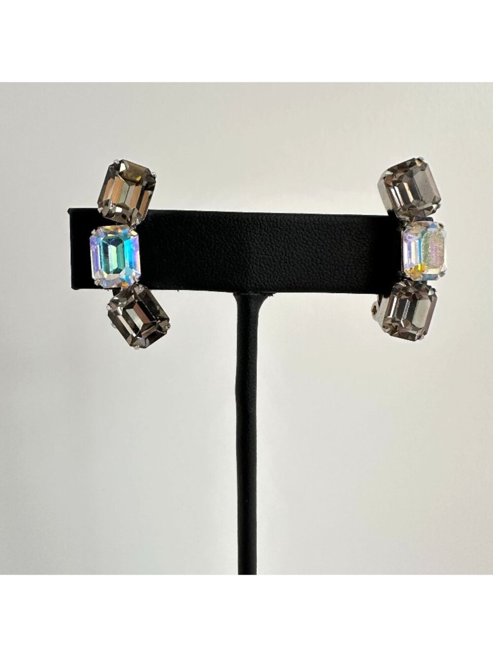 Weiss Champagne AB Rhinestone Emerald Cut Ear Climber Clip Earrings